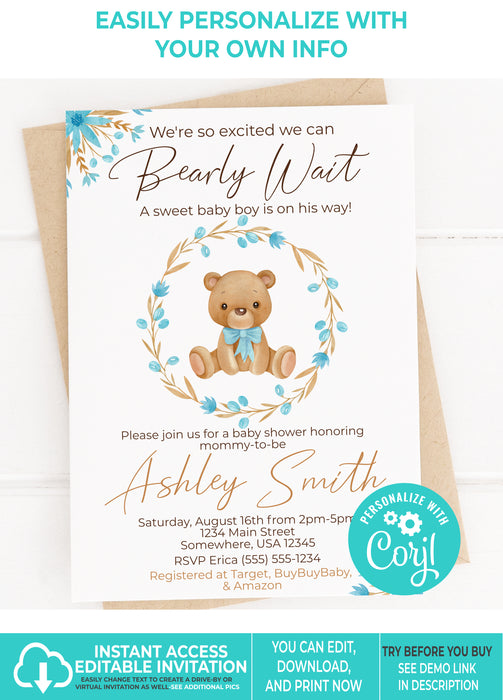 Editable Instant Access/Download Teddy Bear Baby Shower Invitation-BS115