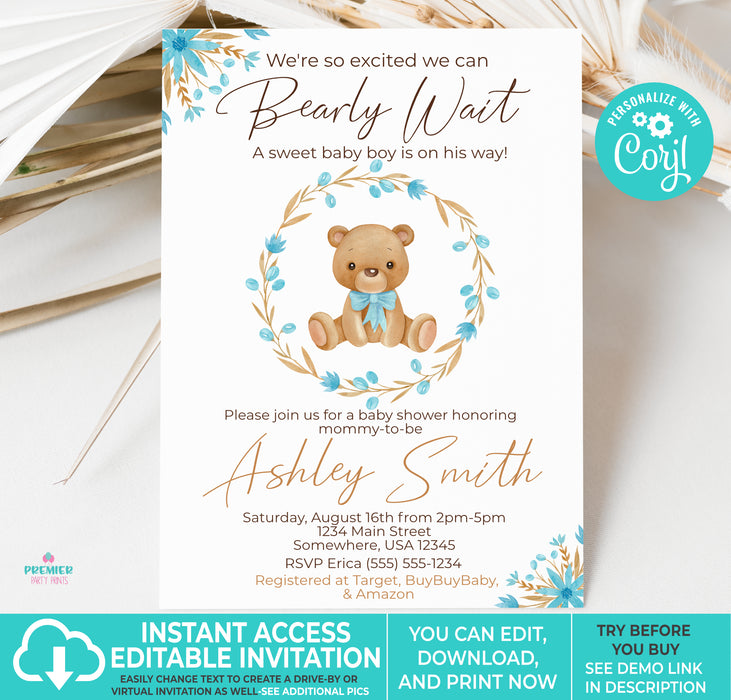 Editable Instant Access/Download Teddy Bear Baby Shower Invitation-BS115