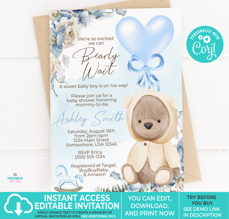 Editable Instant Access/Download Teddy Bear Baby Shower Invitation-BS124