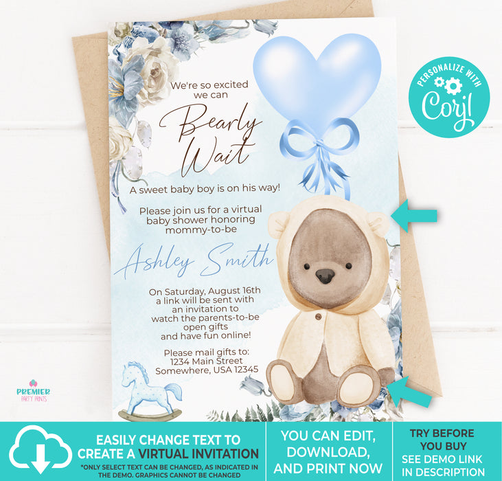 Editable Instant Access/Download Teddy Bear Baby Shower Invitation-BS124