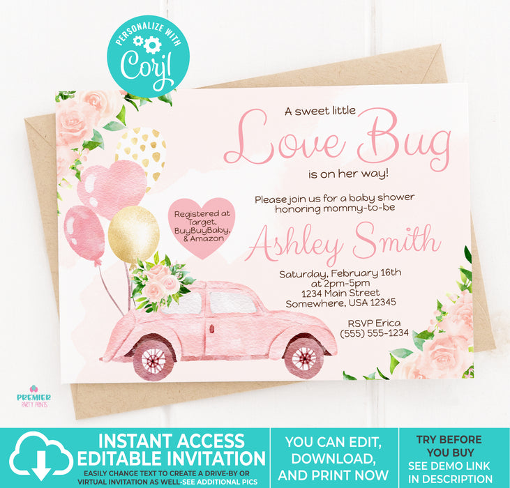 Editable Instant Access/Download Love Bug Valentine's Day Girl Baby Shower Invitation Vers 2-BS135