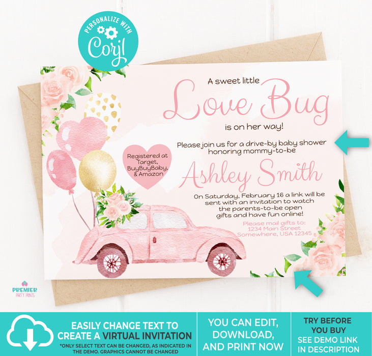 Editable Instant Access/Download Love Bug Valentine's Day Girl Baby Shower Invitation Vers 2-BS135