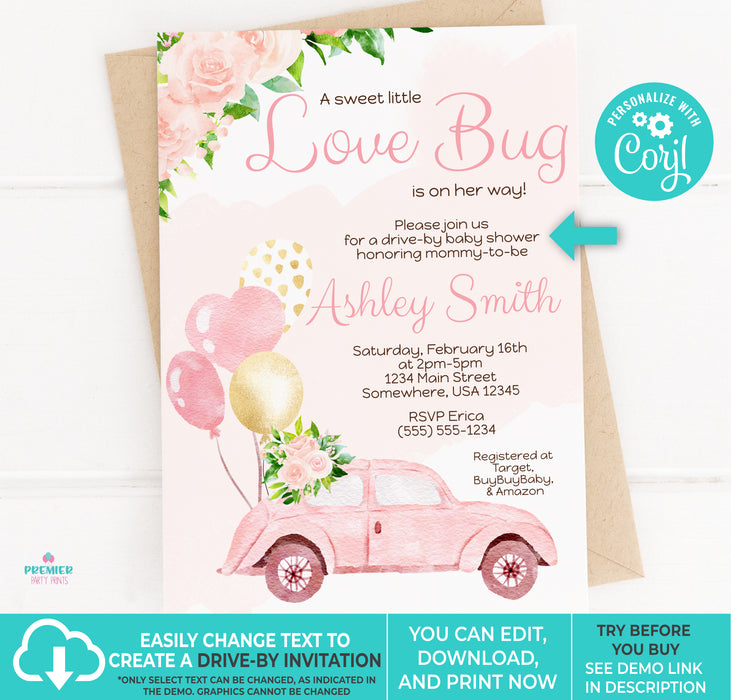 Editable Instant Access/Download Love Bug Valentine's Day Girl Baby Shower Invitation Vers 1-BS135