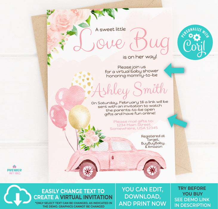 Editable Instant Access/Download Love Bug Valentine's Day Girl Baby Shower Invitation Vers 1-BS135