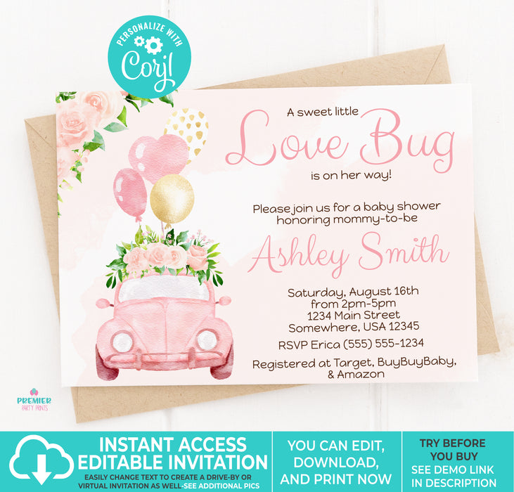 Editable Instant Access/Download Love Bug Valentine's Day Girl Baby Shower Invitation-BS137