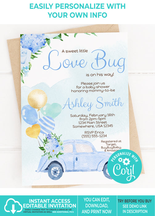 Editable Instant Access/Download Love Bug Valentine's Day Boy Baby Shower Invitation Vers 1-BS139