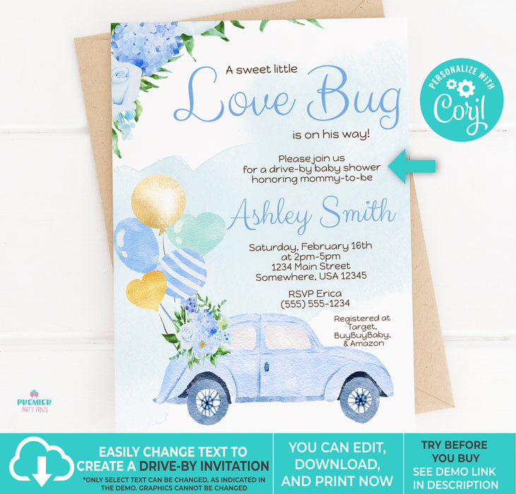 Editable Instant Access/Download Love Bug Valentine's Day Boy Baby Shower Invitation Vers 1-BS139
