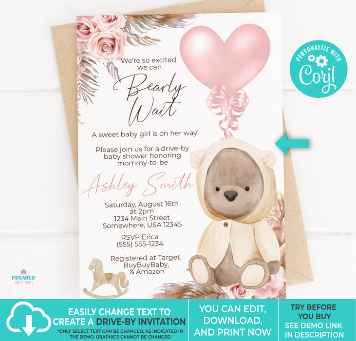 Editable Instant Access/Download Teddy Bear Baby Shower Invitation-BS143