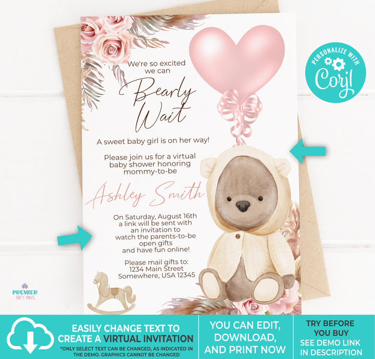 Editable Instant Access/Download Teddy Bear Baby Shower Invitation-BS143