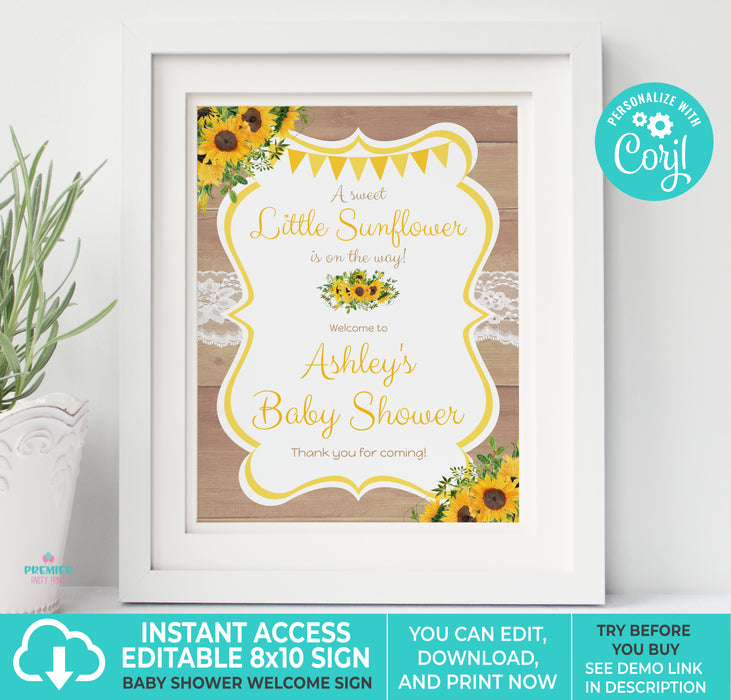  Little Sunshine Sunflower Baby Shower 8x10 Welcome Sign