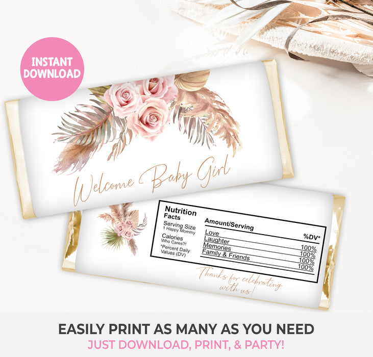 Pink Pampas Grass Floral Baby Shower Candy Bar Wrapper