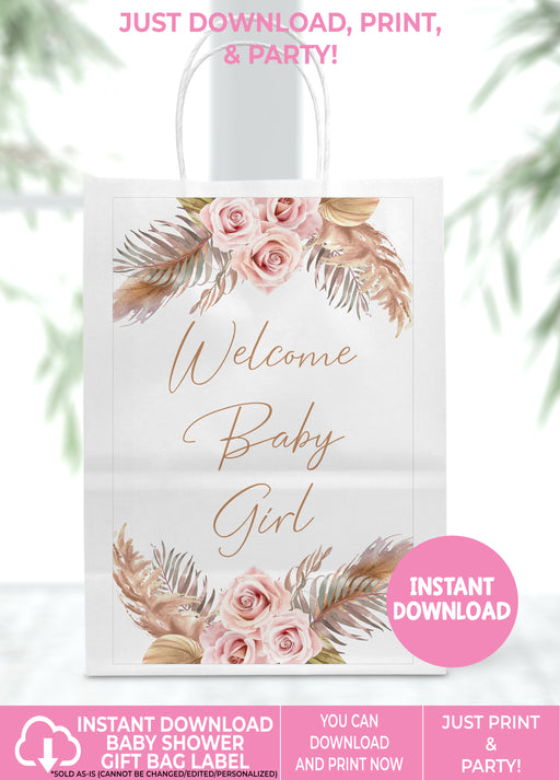 Pink Pampas Grass Floral Baby Shower Gift Bag Label