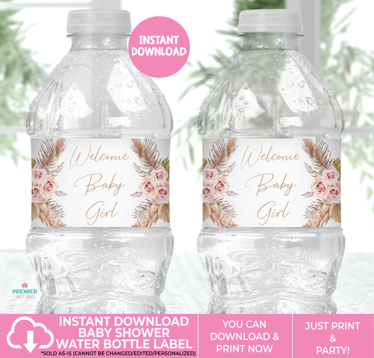  Pink Pampas Grass Floral Baby Shower Water Bottle Label Vers 2