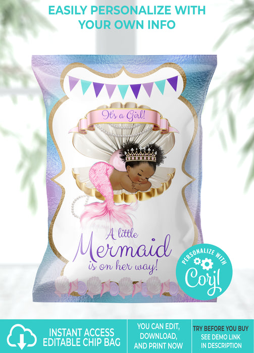 Editable Instant Access/Download Mermaid Baby Shower Chip Bag Brown Tone-BS150