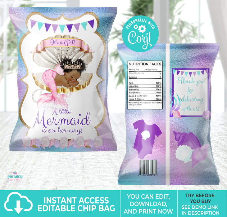 Editable Instant Access/Download Mermaid Baby Shower Chip Bag Brown Tone-BS150
