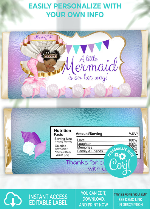 Editable Instant Access/Download Mermaid Baby Shower Candy Bar Wrapper Brown Tone-BS150