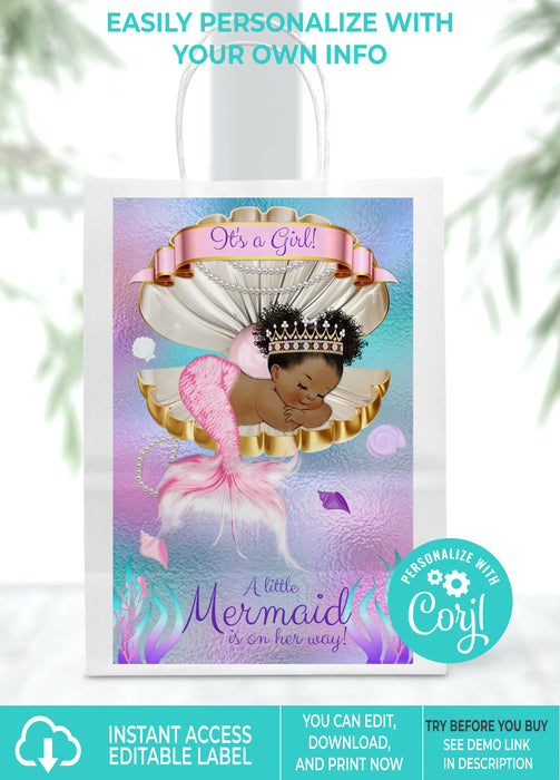 Editable Instant Access/Download Mermaid Baby Shower 5x8 Gift Bag Label Brown Tone-BS150