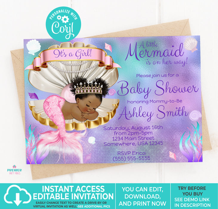 Pink Clamshell Mermaid Baby Shower Invitation
