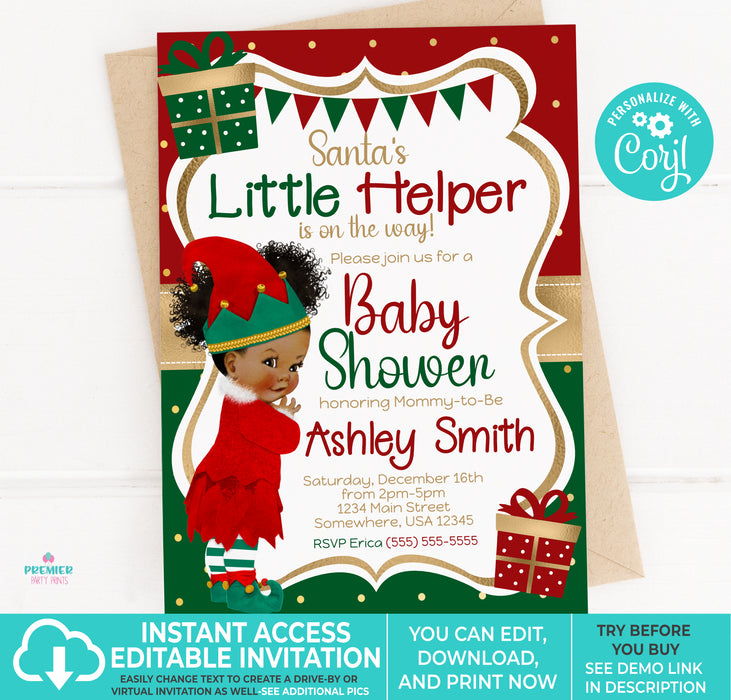 Editable Instant Access/Download Santa's Little Helper Winter/Christmas Girl Baby Shower Invitation Brown Tone w/Puffs-BS159
