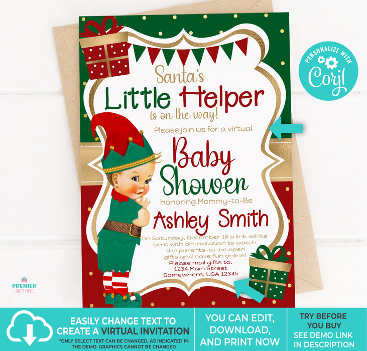 Editable Instant Access/Download Santa's Little Helper Winter/Christmas Boy Baby Shower Invitation Light Tone Blond-BS160