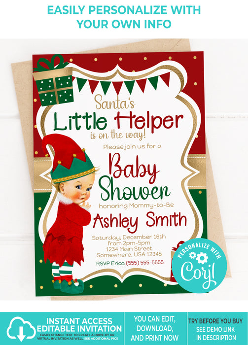 Editable Instant Access/Download Santa's Little Helper Winter/Christmas Girl Baby Shower Invitation Light Tone Blond-BS161