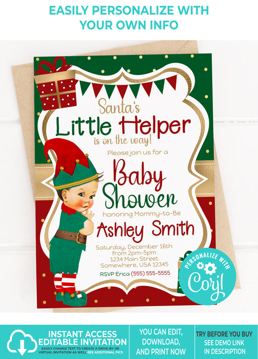 Editable Instant Access/Download Santa's Little Helper Winter/Christmas Boy Baby Shower Invitation Light Tone Brown Hair-BS162