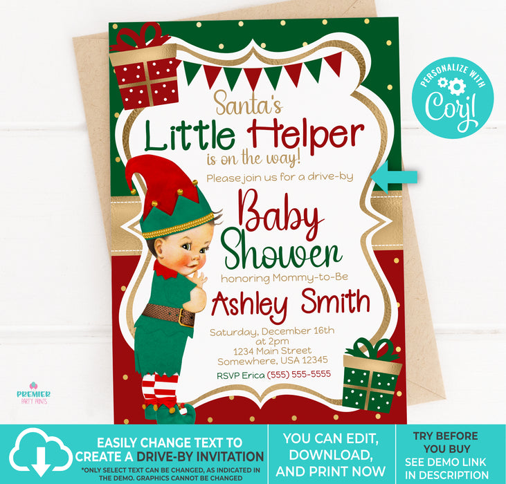 Editable Instant Access/Download Santa's Little Helper Winter/Christmas Boy Baby Shower Invitation Light Tone Brown Hair-BS162