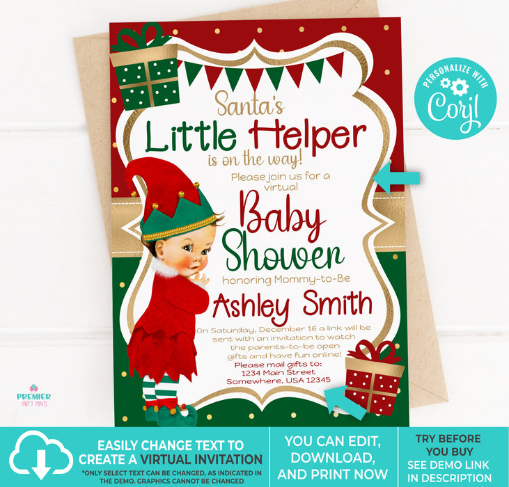 Editable Instant Access/Download Santa's Little Helper Winter/Christmas Girl Baby Shower Invitation Light Tone Brown Hair-BS163