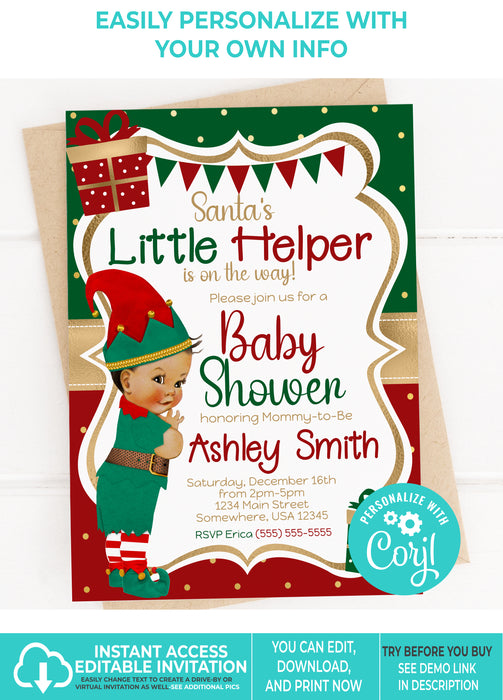Editable Instant Access/Download Santa's Little Helper Winter/Christmas Boy Baby Shower Invitation Medium Tone-BS164