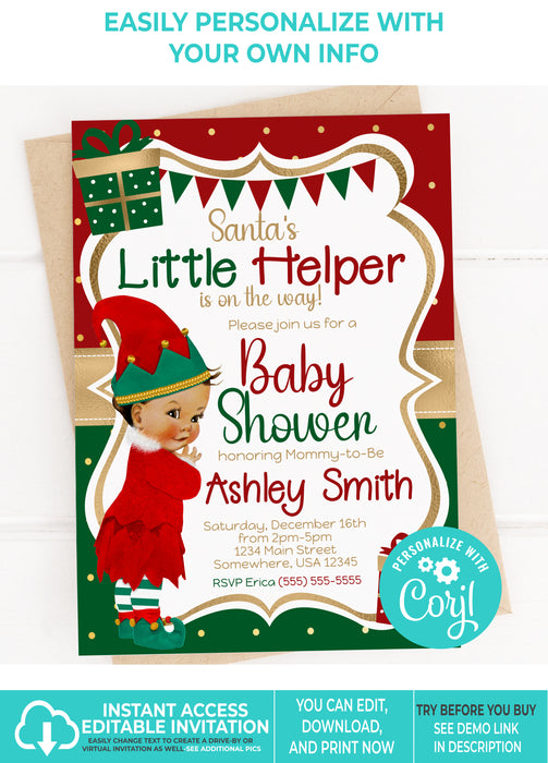 Editable Instant Access/Download Santa's Little Helper Winter/Christmas Girl Baby Shower Invitation Medium Tone-BS165