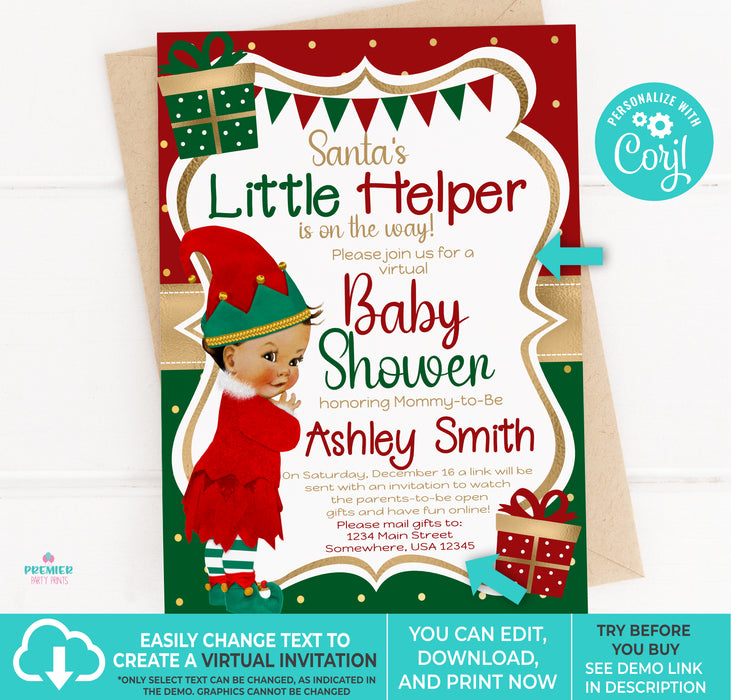Editable Instant Access/Download Santa's Little Helper Winter/Christmas Girl Baby Shower Invitation Medium Tone-BS165