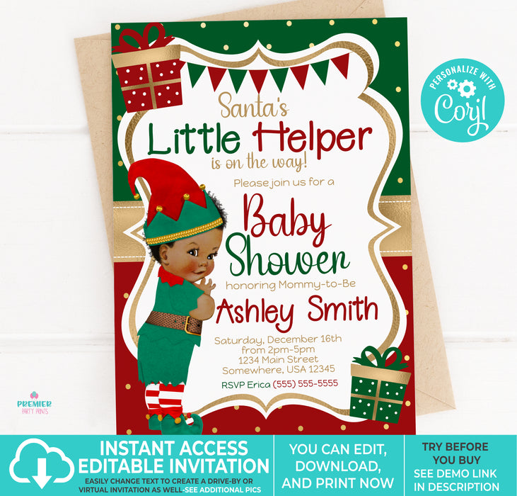 Editable Instant Access/Download Santa's Little Helper Winter/Christmas Boy Baby Shower Invitation Brown Tone Curly Hair-BS166