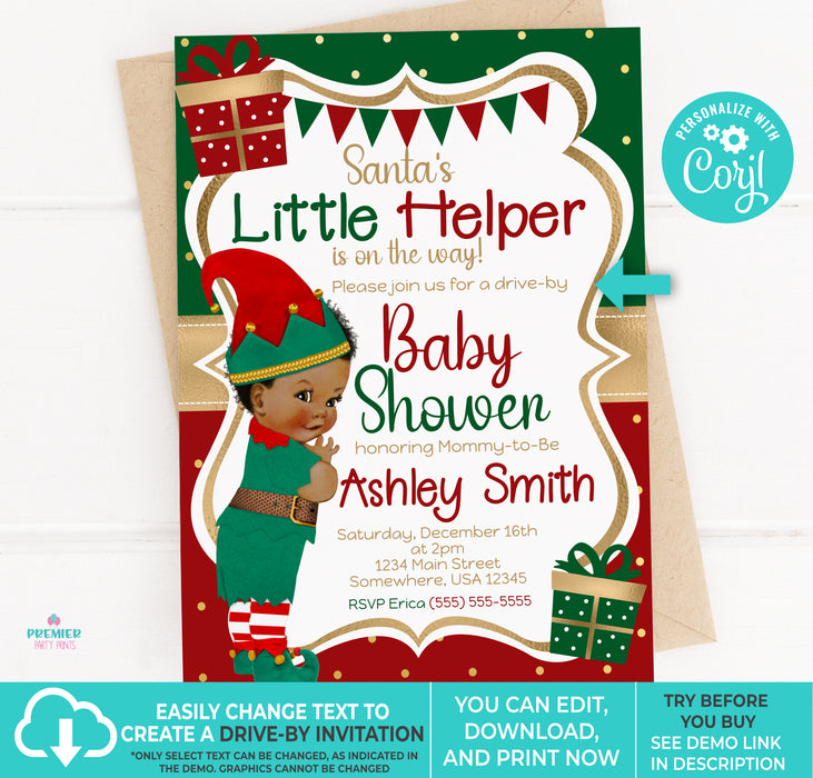 Editable Instant Access/Download Santa's Little Helper Winter/Christmas Boy Baby Shower Invitation Brown Tone Curly Hair-BS166