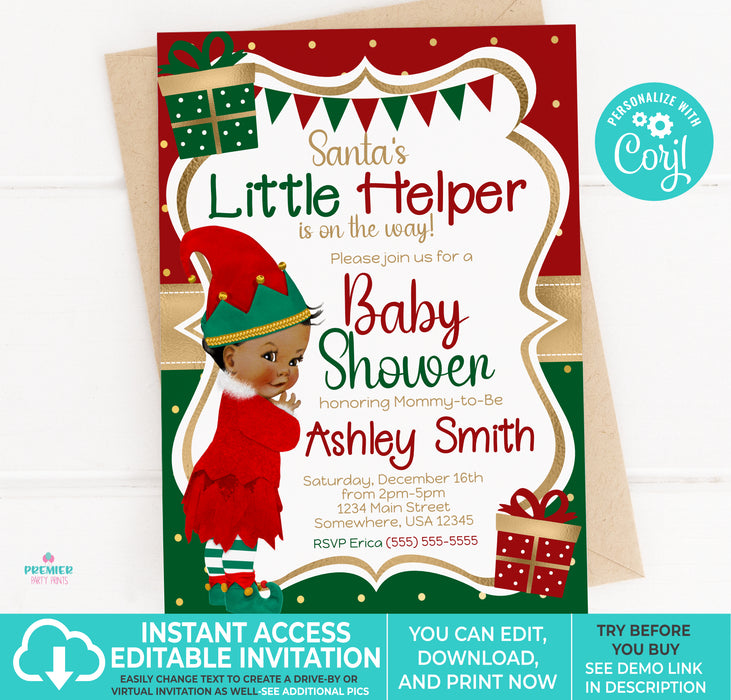 Editable Instant Access/Download Santa's Little Helper Winter/Christmas Girl Baby Shower Invitation Brown Tone-BS167