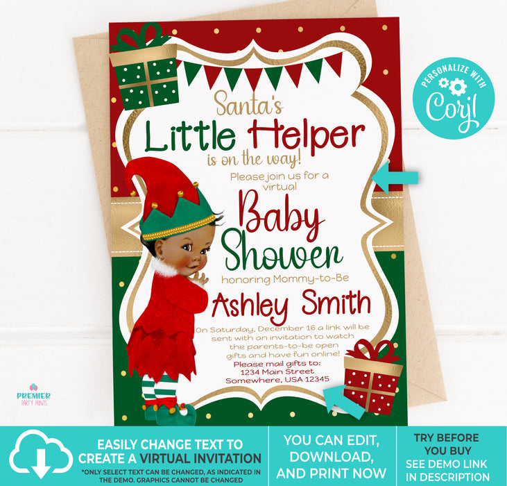 Editable Instant Access/Download Santa's Little Helper Winter/Christmas Girl Baby Shower Invitation Brown Tone-BS167