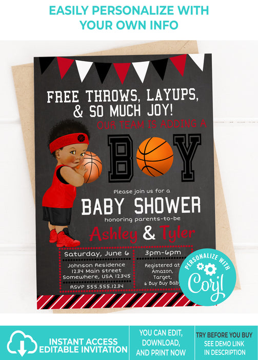 Editable Instant Access/Download Red, Black, & White Basketball Baby Shower Invitation-BS173
