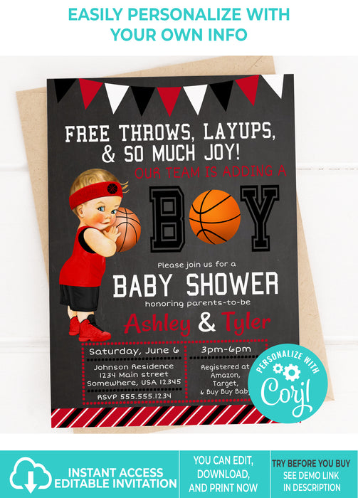 Editable Instant Access/Download Red, Black, & White Basketball Baby Shower Invitation-BS175