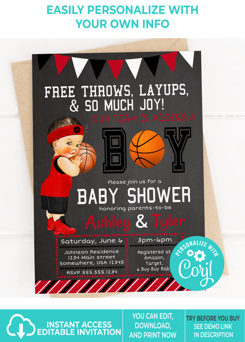 Editable Instant Access/Download Red, Black, & White Basketball Baby Shower Invitation-BS176