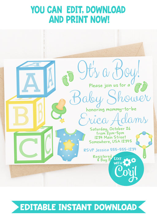 Editable Instant Access/Download Blue & Green It's a Boy Baby Shower Invitation 2