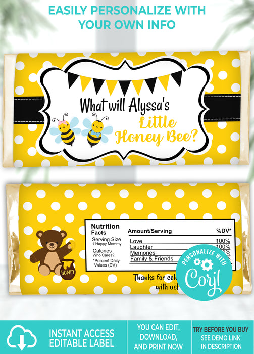 Editable Instant Access/Download Little Honeybee Gender Reveal Candy Bar Wrapper-GR001