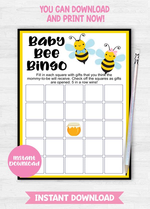 Printable Little Honeybee Baby Bingo Gender Reveal Game