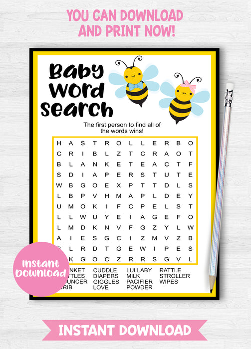 Printable Little Honeybee Baby Word Search Gender Reveal Game