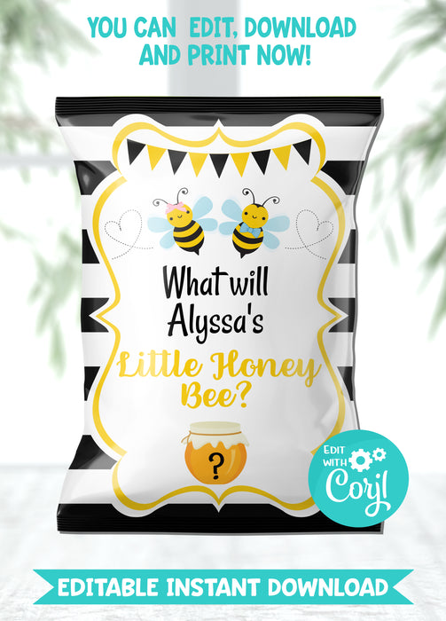 Editable Instant Access/Download Baby Bee Gender Reveal Chip Bag