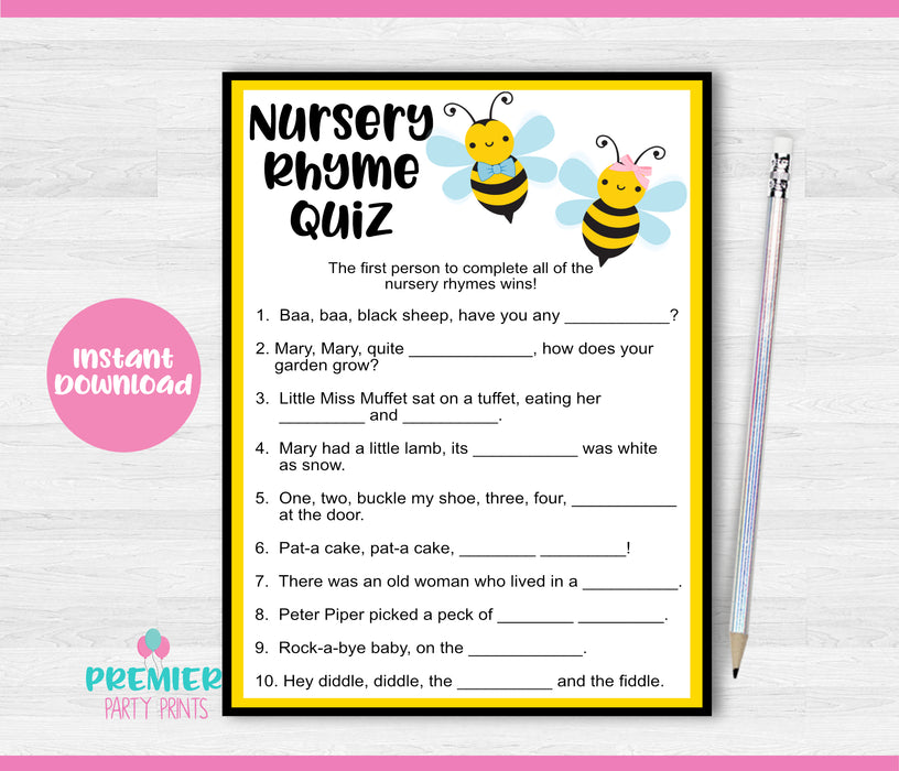 Printable Little Honeybee Nursery Rhyme Quiz Gender Reveal Game