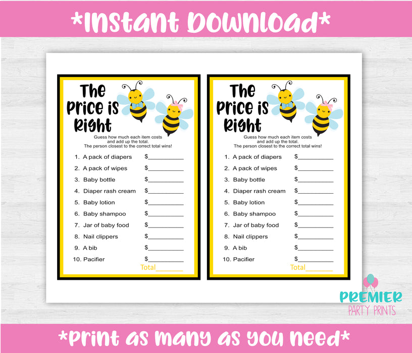 Printable Little Honeybee The Price is Right Gender Reveal Game