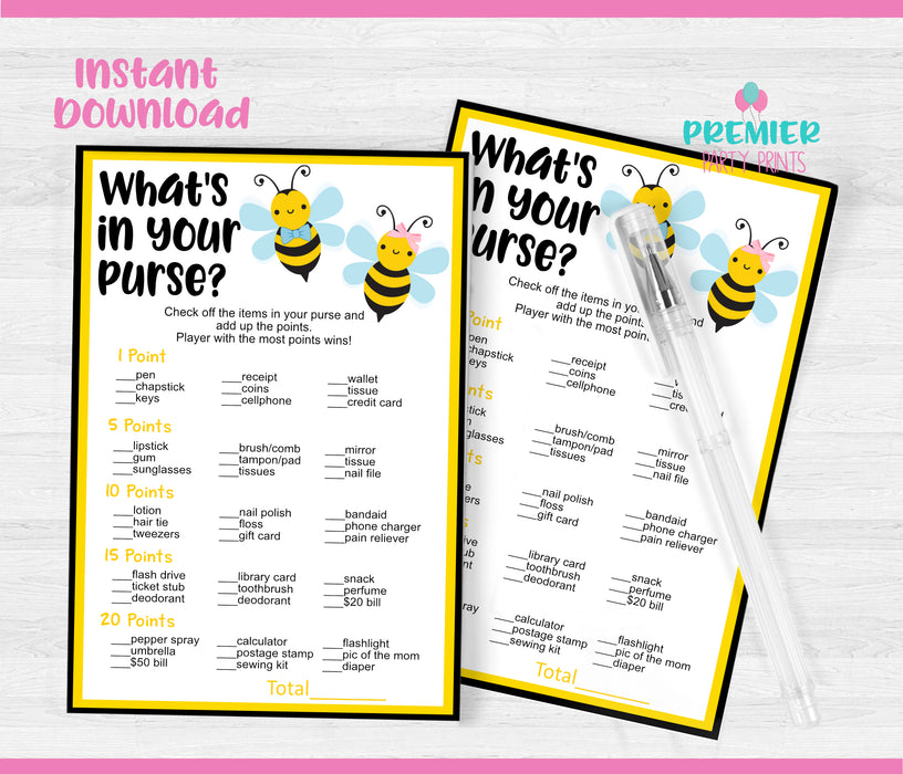 Printable Little Honeybee What's in Your Purse Gender Reveal Game