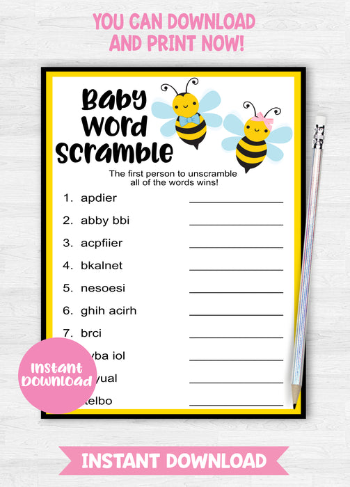 Little Honeybee Baby Word Scramble Gender Reveal Game