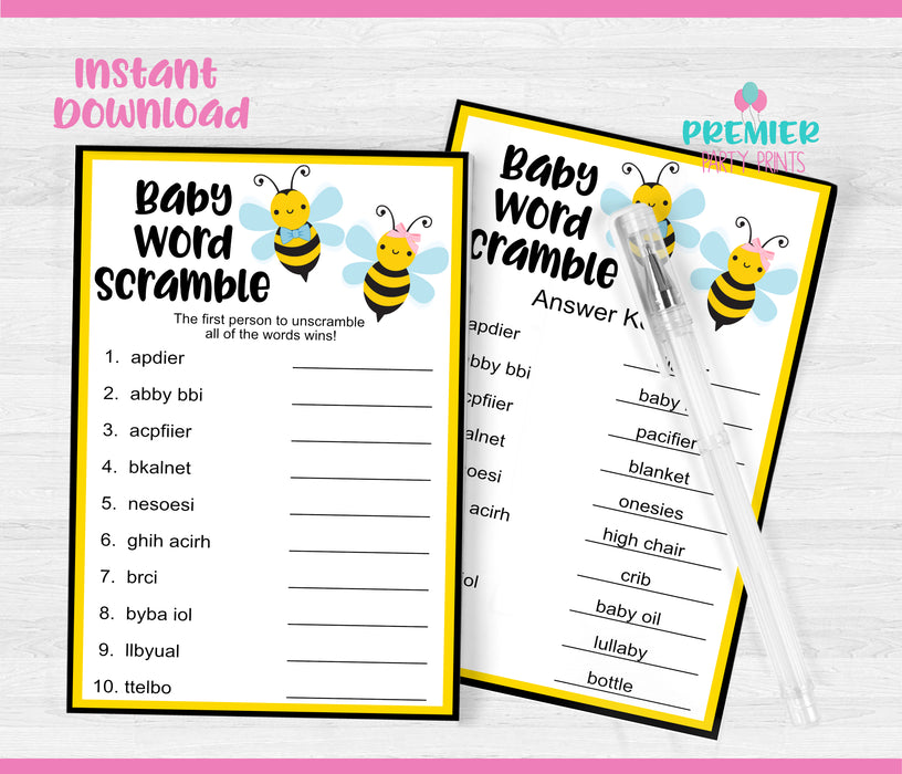 Little Honeybee Baby Word Scramble Gender Reveal Game