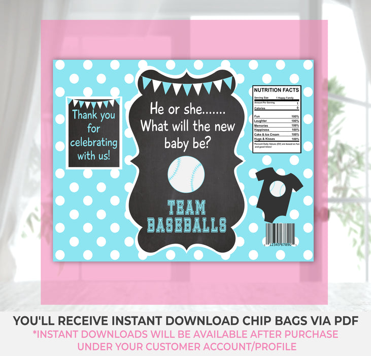 Printable Baseballs or Bows Gender Reveal Chip Bag