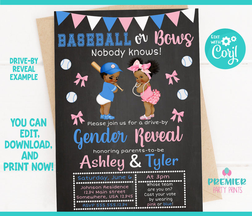 Baseballs or Bows Invitation Gender Reveal Invitation Brown Tone